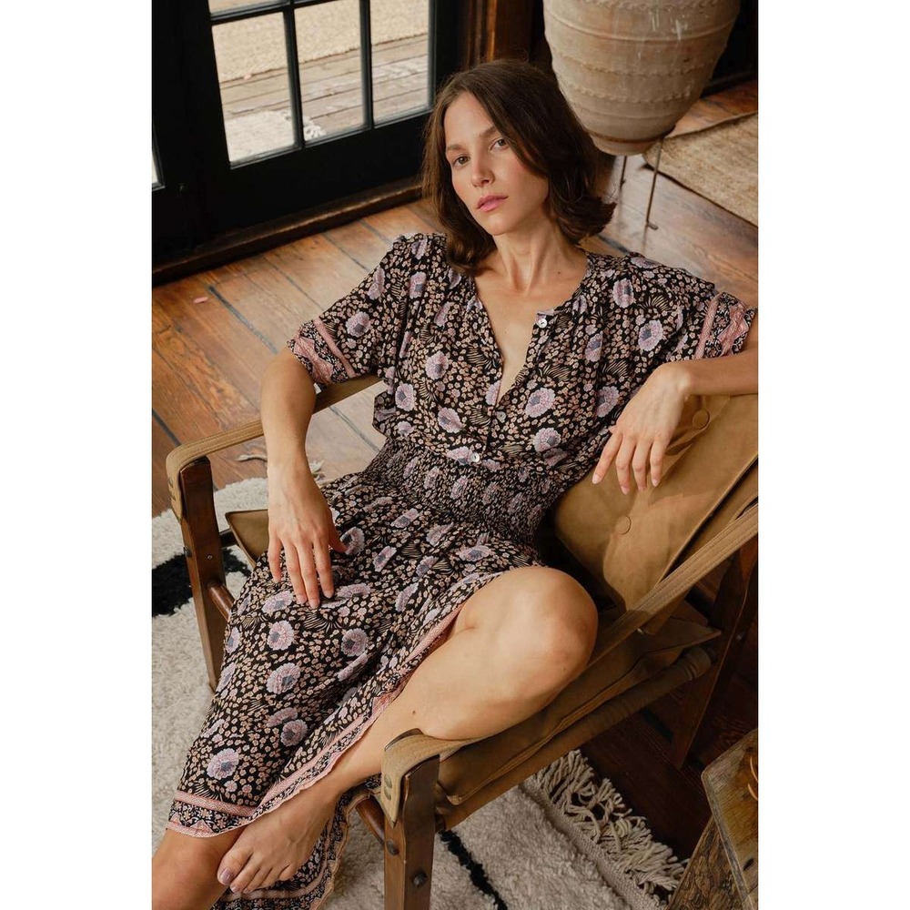 Natalie Martin Layla Dress Vintage Flowers Sepia Floral Boho Midi Fall Resort M